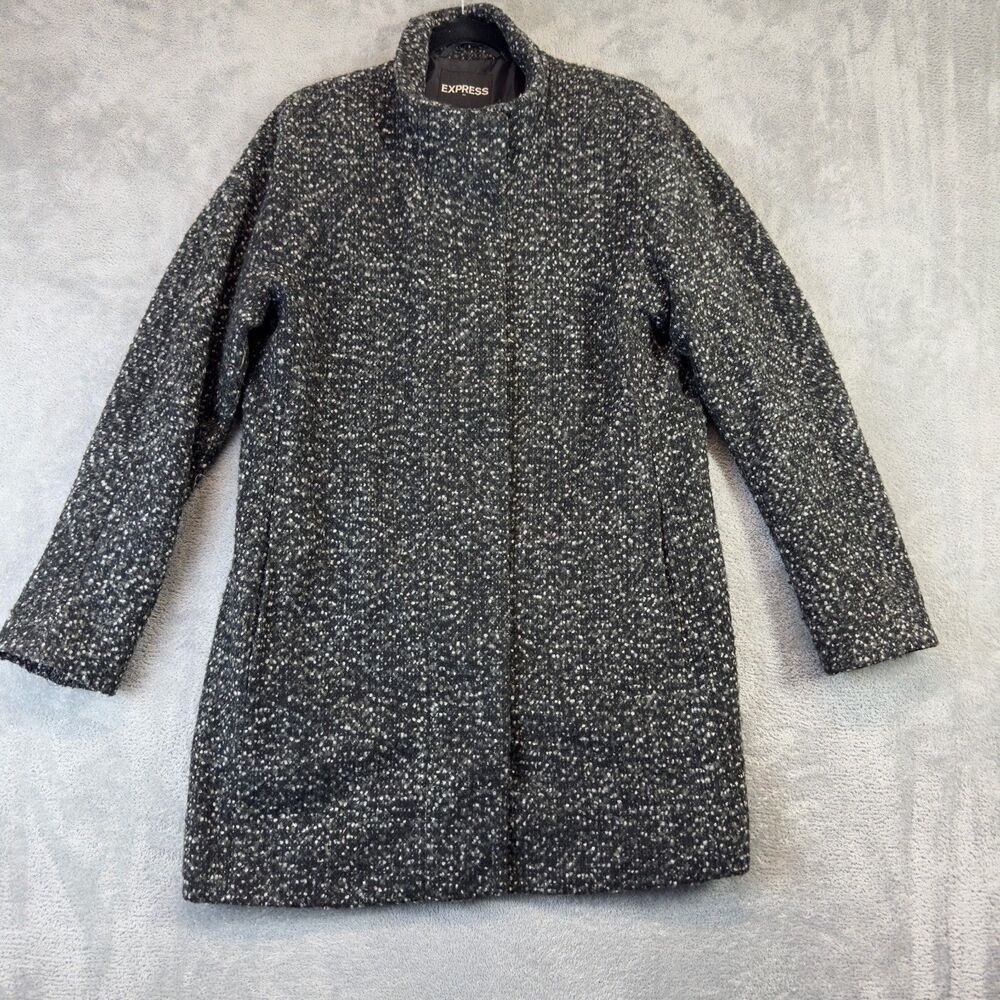 Express Coat Women’s Large Black Gray Marled Tweed Zip Up Snap Buttons Career